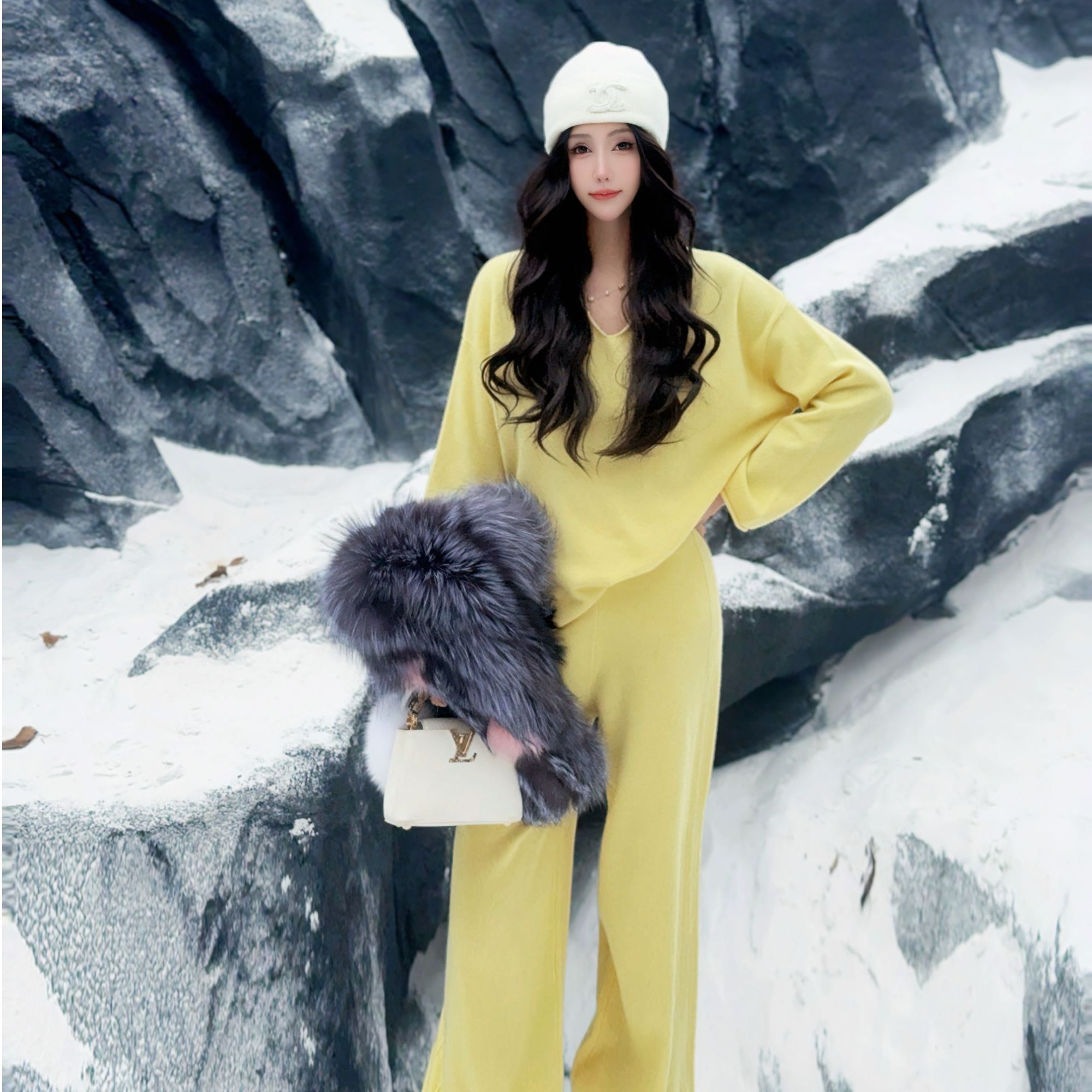 DIYI【糖果幽幽】红黄蓝粉白咖紫七色V领上衣长裤套装TZ14409