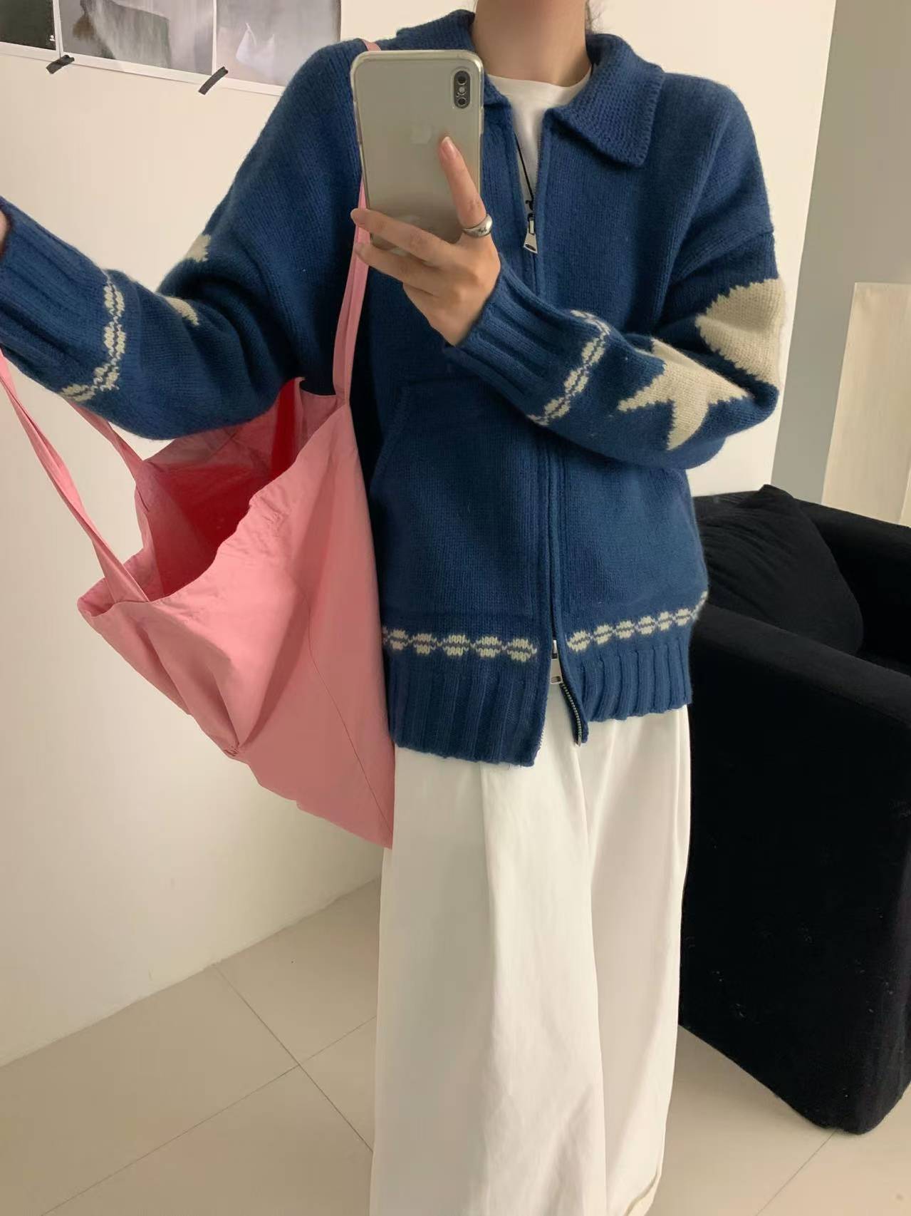 翻领慵懒风保暖女长袖针织毛针织衫百搭休闲拼接韩版宽松时尚