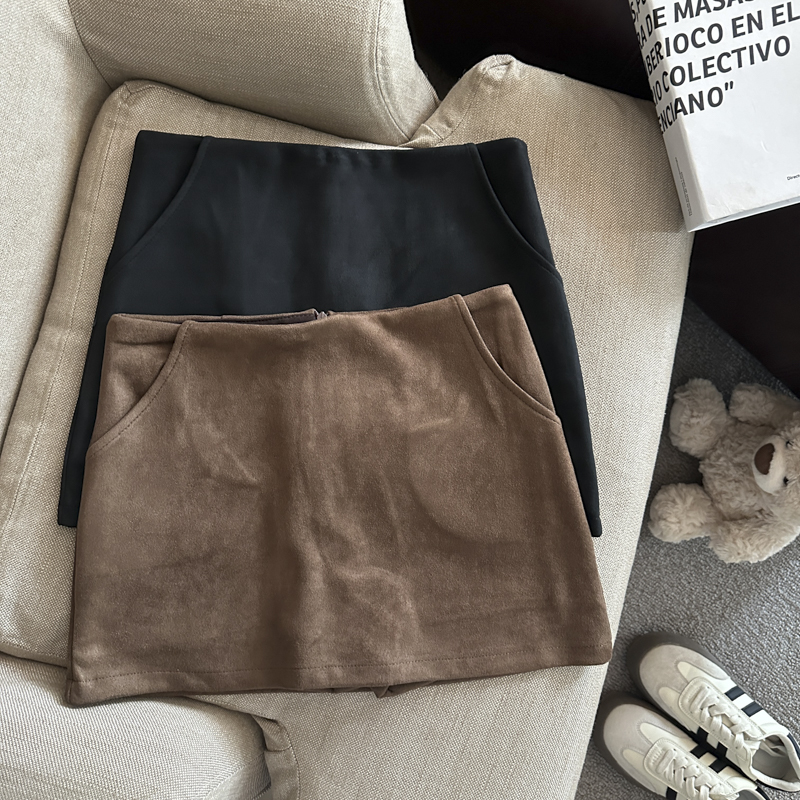 美德拉复古麂皮绒防走光辣妹包臀裙女秋冬高腰显瘦半身裙A字短裙