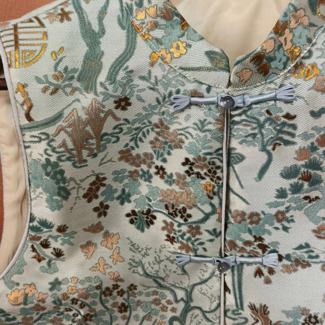 中国风上衣复古四季通用单排扣提花马夹印花常规短款