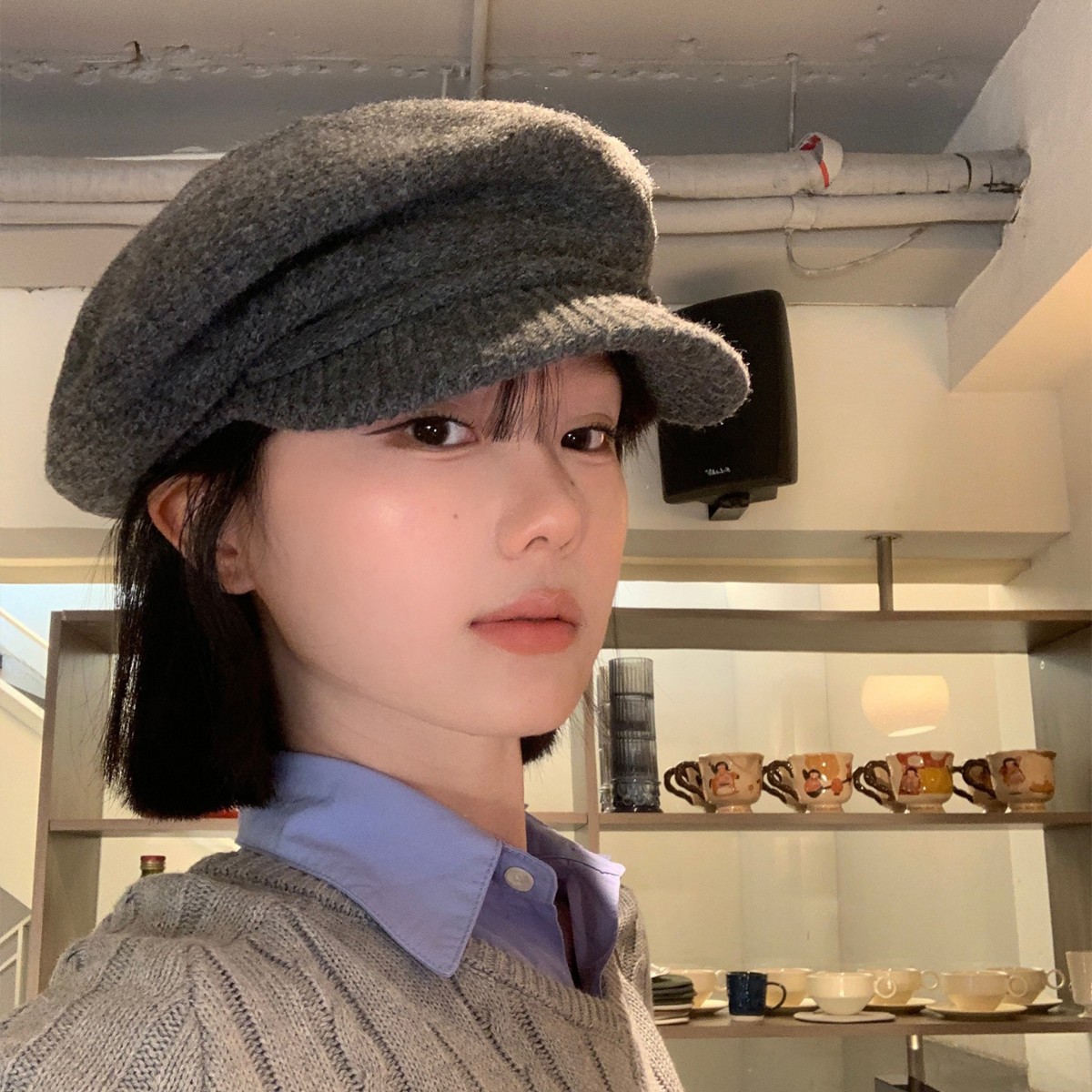 日系复古毛呢针织八角贝雷帽女大头围显脸小文艺百搭云朵画家帽子