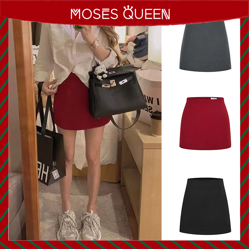 Moses Queen/魔西女王秋冬呢子裙辣妹黑色高腰短裙显瘦A字包臀裙