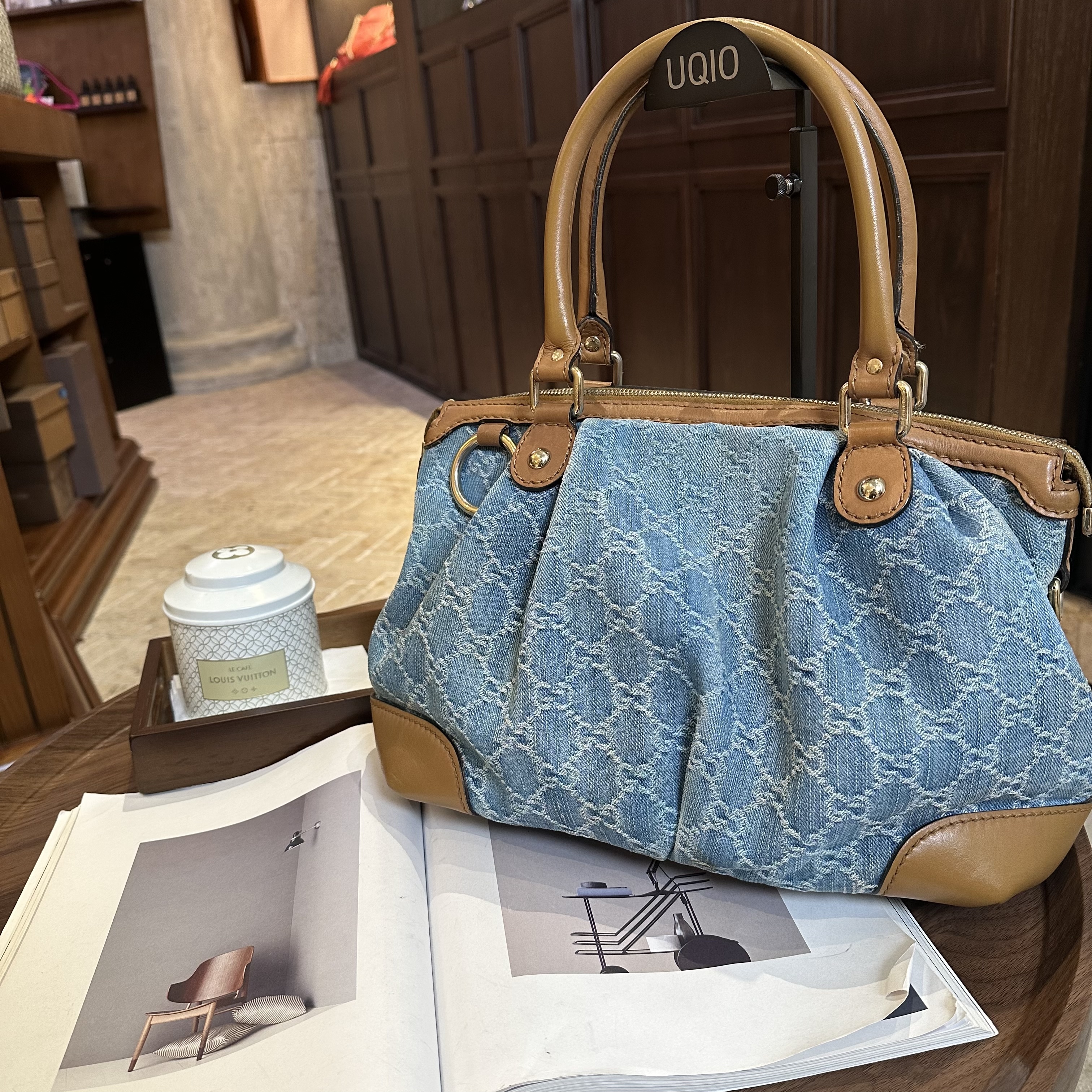 95新 GUCCI/古驰 Sukyi 蓝色拼棕色丹宁拼牛皮手提包