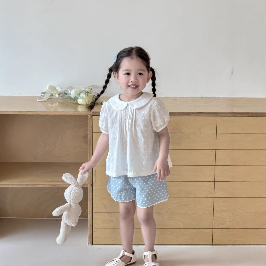 韩系小众女童衬衫夏季短袖透气娃娃衫女宝宝米白色短袖衬衫