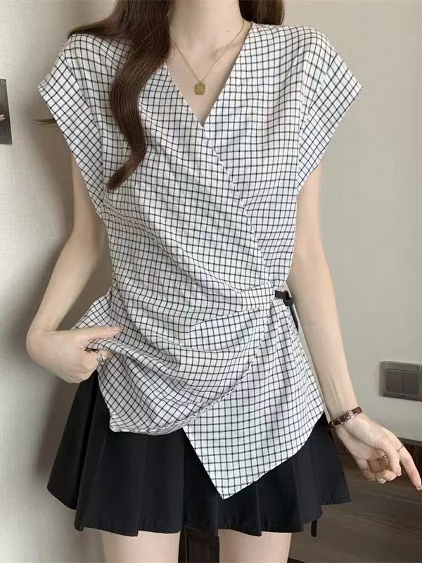 2025夏季新款韩版简约百搭显瘦V领格子无袖衬衫女收腰上衣-075
