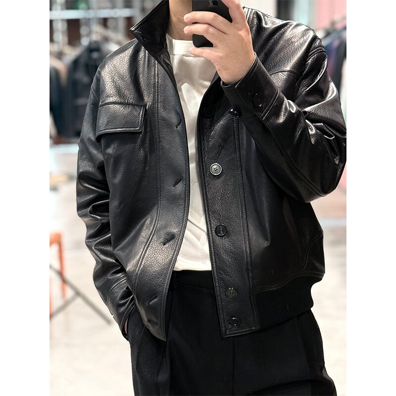 纯色标准男款复古短款机车皮衣春季立领秋冬潮流