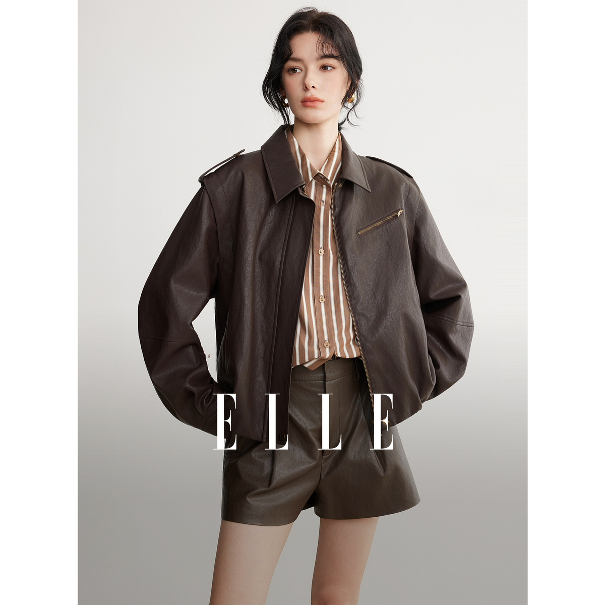 ELLE女装复古美拉德短款皮衣外套26春季新款通勤时髦上衣EF63269