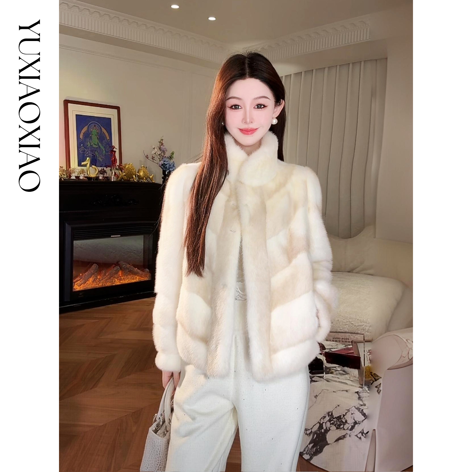 余潇潇【皇家气度】优雅气质十字貂泡泡袖中古翻领水貂毛皮草外套