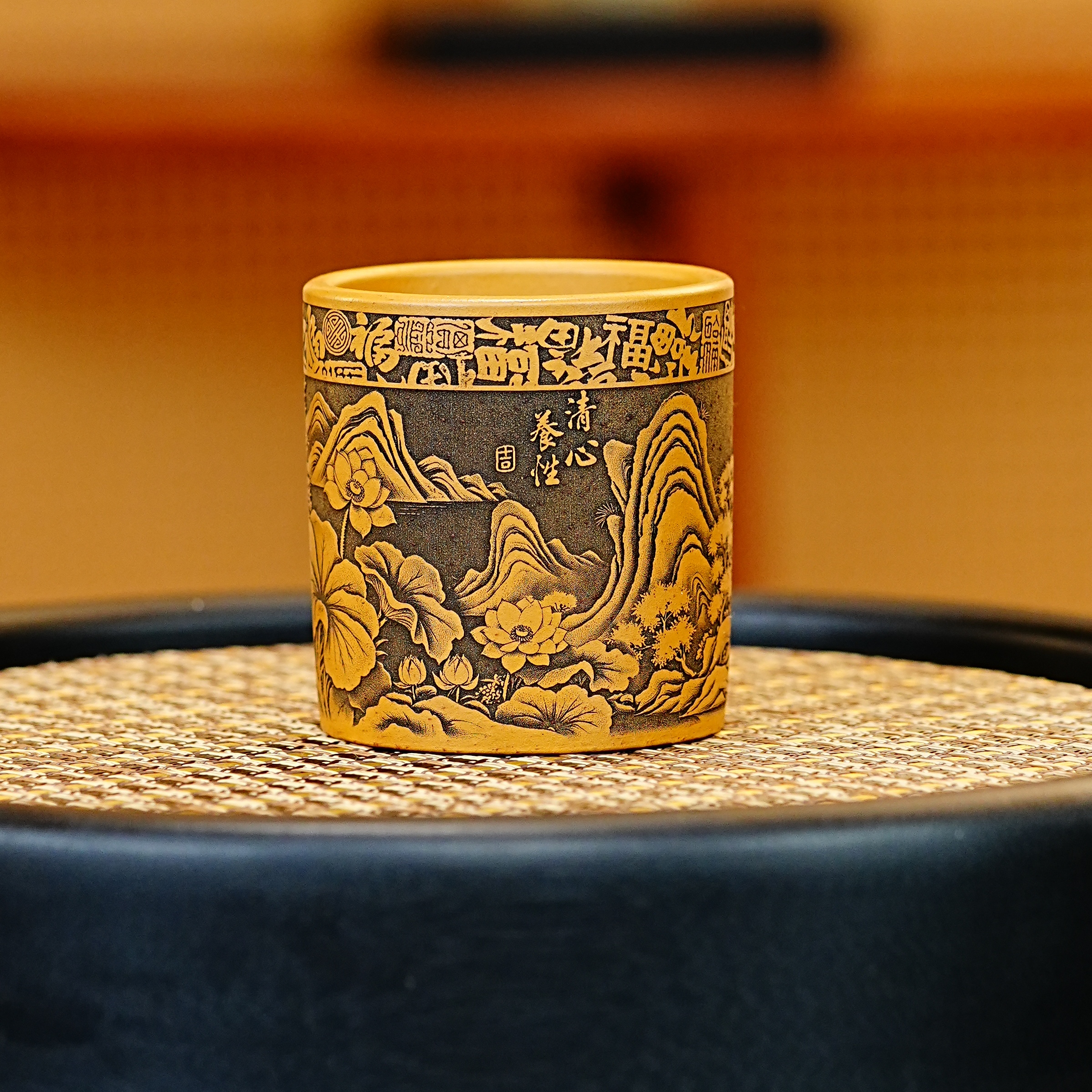 宜兴真正原矿紫砂黄金朱泥全手工清心养性山水直柱手握茶杯品茗杯