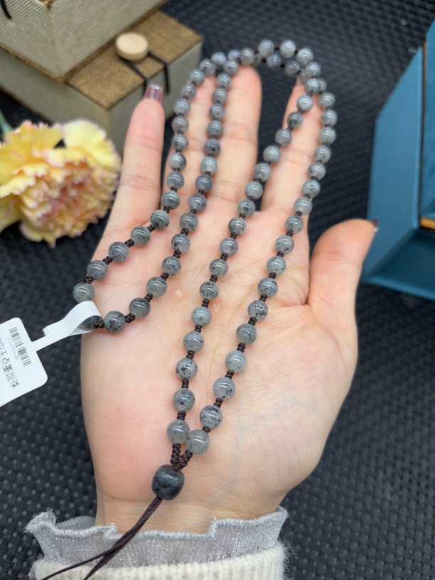 福利新疆和田玉聚墨圆珠6mm点墨青花老坑老料编织挂坠绳长链项链