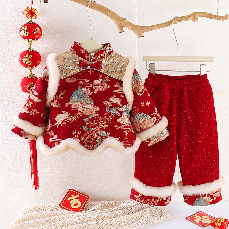 女宝抓周礼服冬装中式国风唐装婴儿周岁生日衣服小女孩过年拜年服