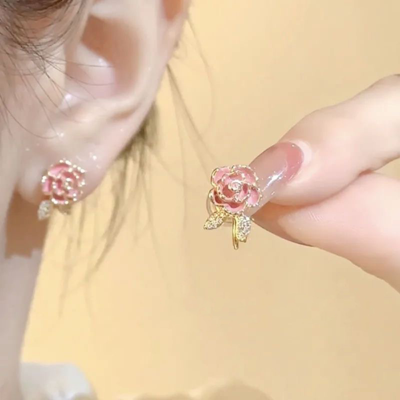 铜合金耳饰 法式复古粉色蔷薇珐琅花朵小众气质耳环女无耳洞耳夹