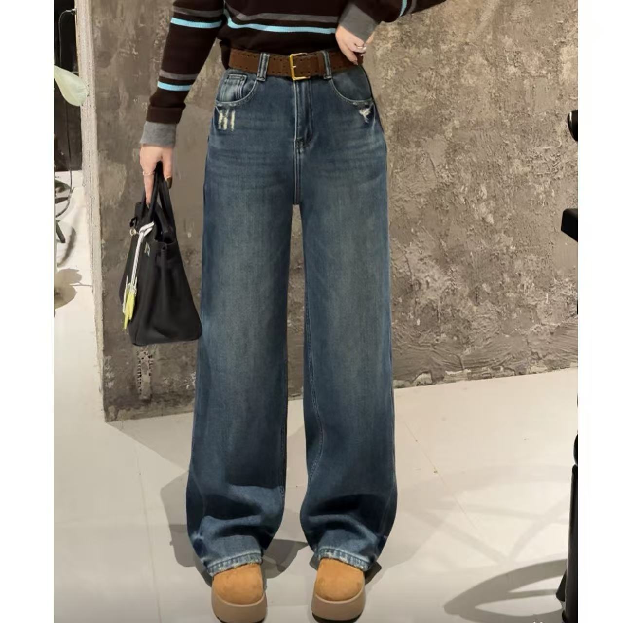 MY【潮流先锋】冬季新款高腰显瘦设计感猫抓痕牛仔裤加绒窄版阔腿裤