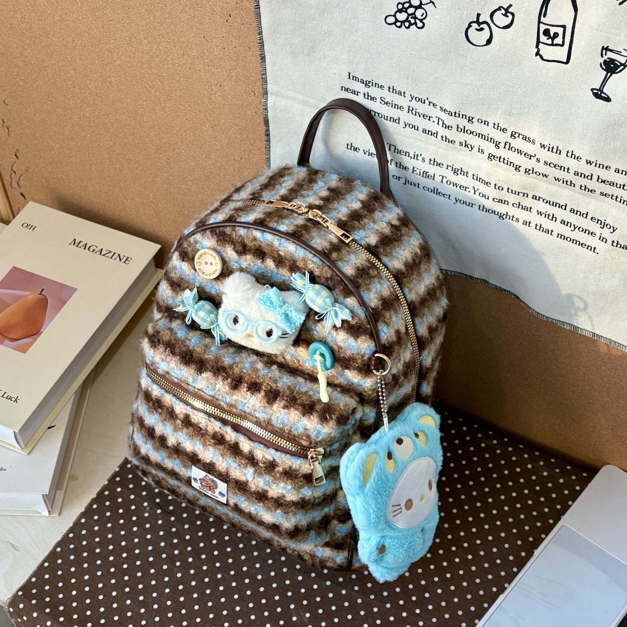 JUANJUAN自制毛绒条纹双肩包E405