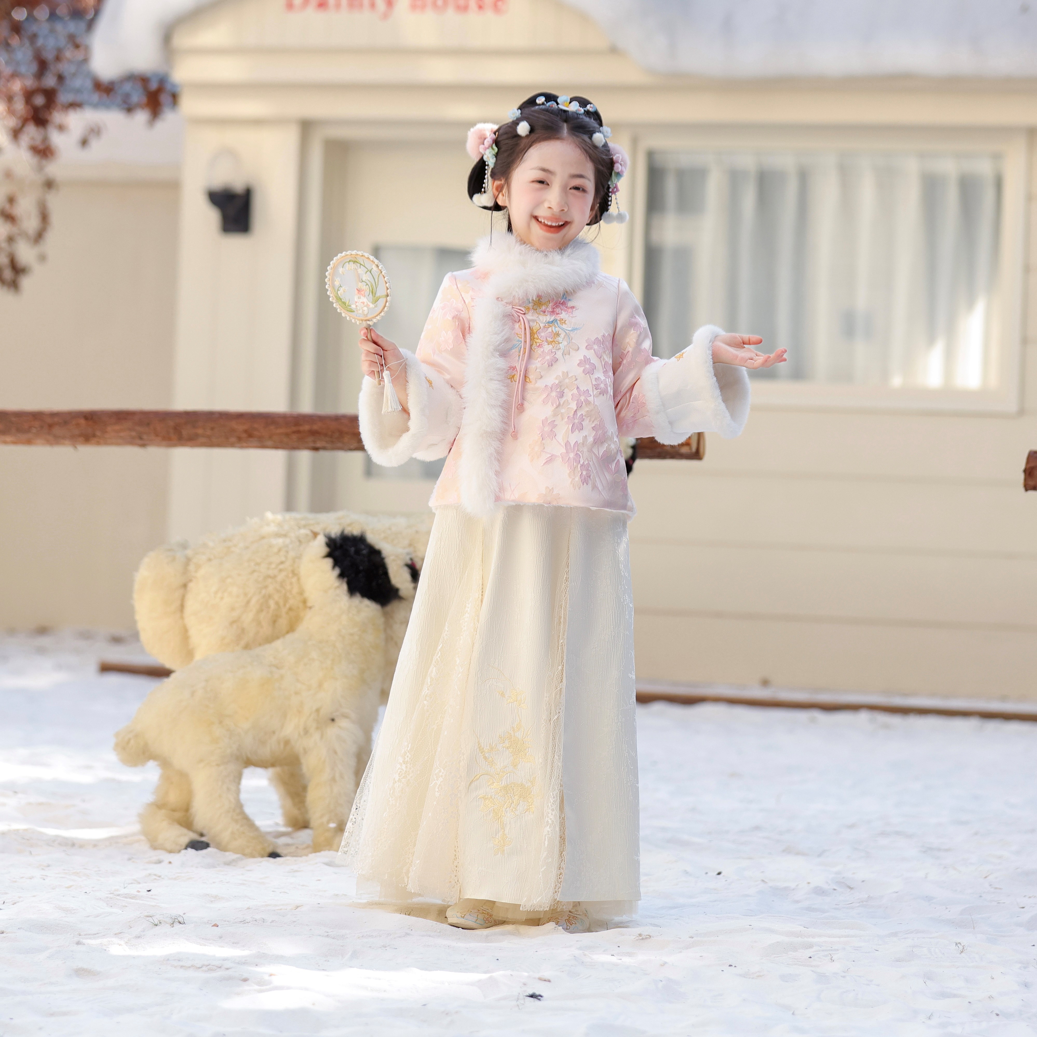 女童汉服2025新款冬季加绒古装中国风粉色儿童新中式女孩古风唐装