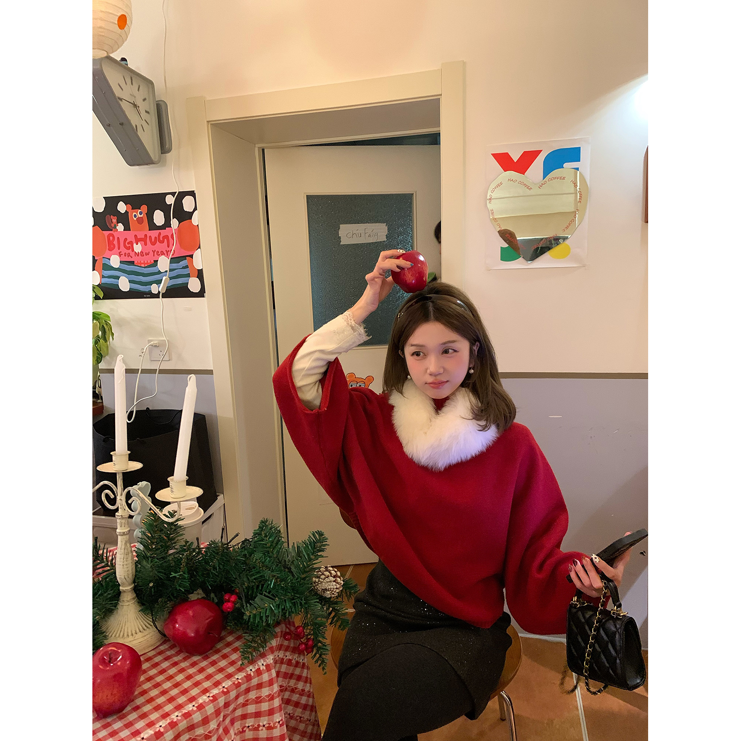 陳文文xenl【绯色悸动】冬季红色氛围感宽松蝙蝠袖斗篷羊毛毛衣0161