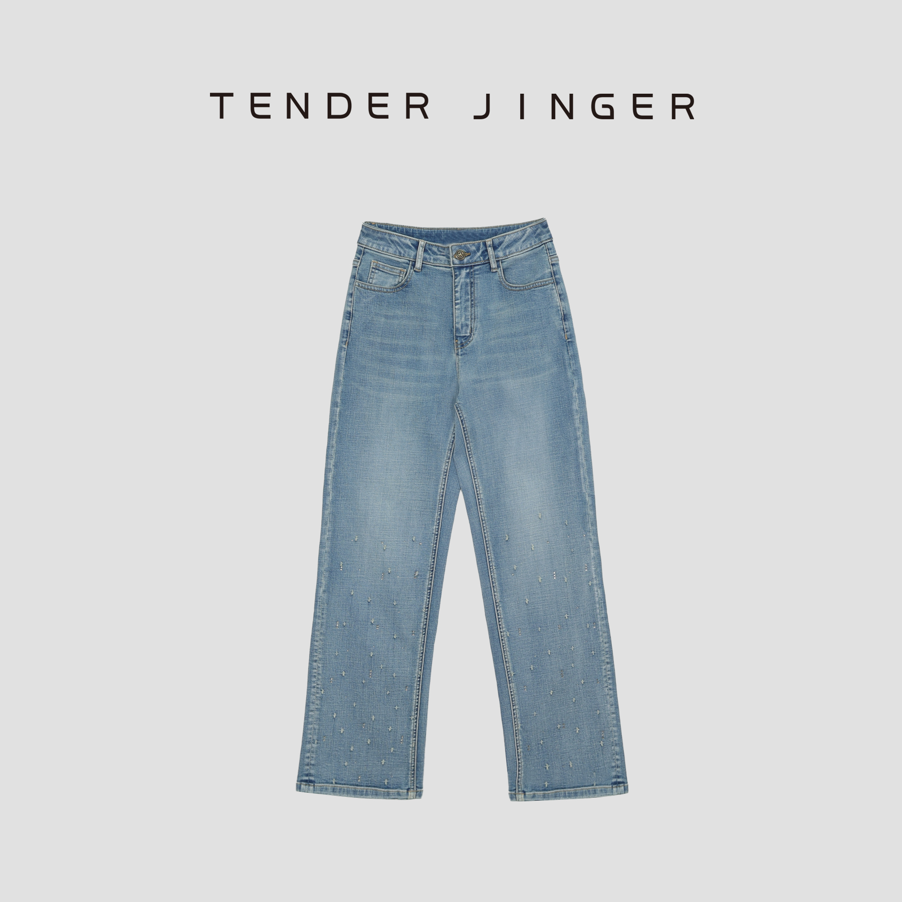 Tender Jinger【黑标】棉弹蓝复古蓝钩花烫钻牛仔裤T51RM013R