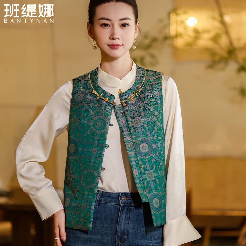 中国风时尚马夹挂脖印花国风复古短款马甲中式民族风提花宋锦马甲