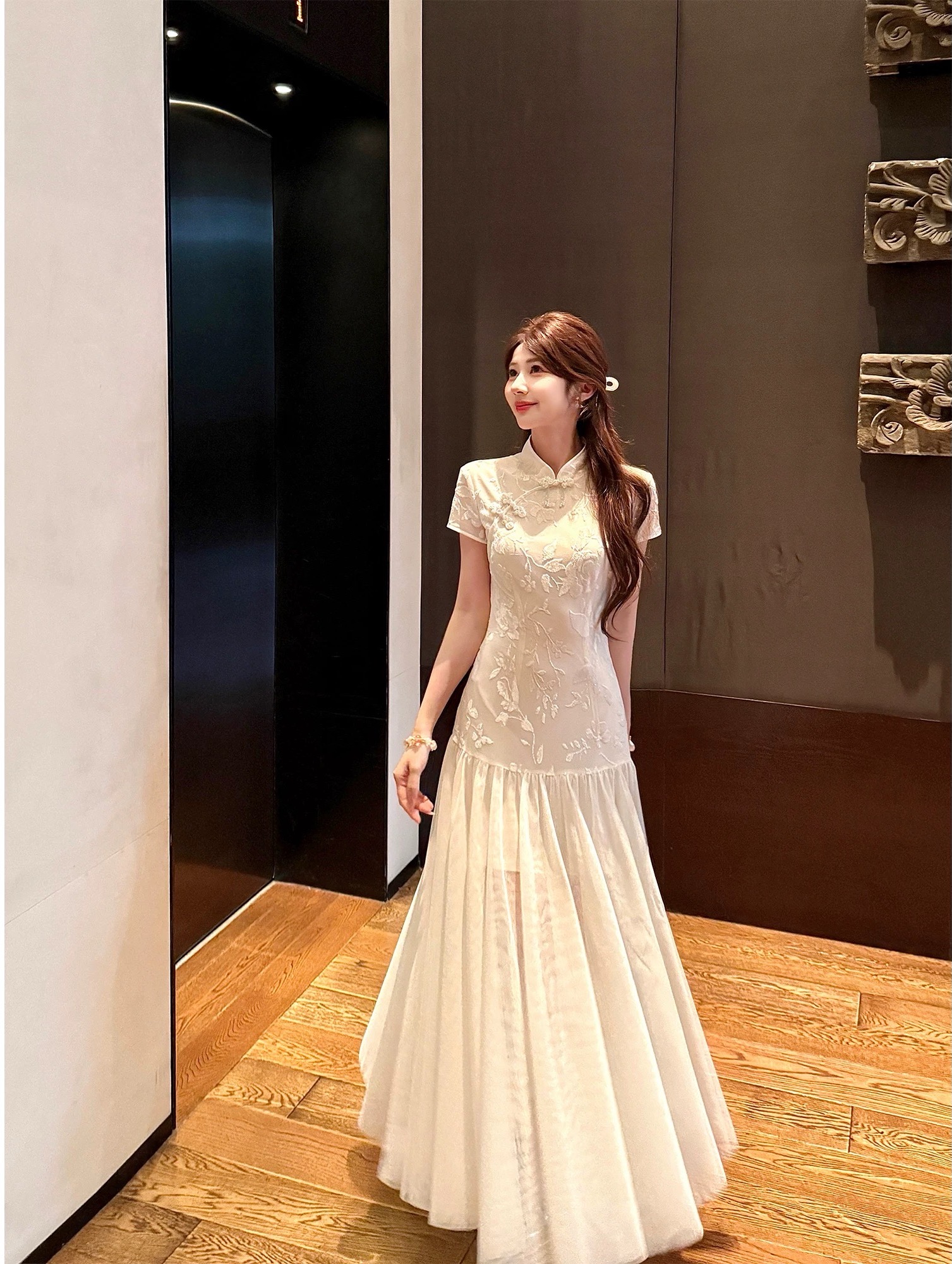 【蝉溪鸣】新中式绣花改良旗袍女春夏欧根纱拼接连衣裙