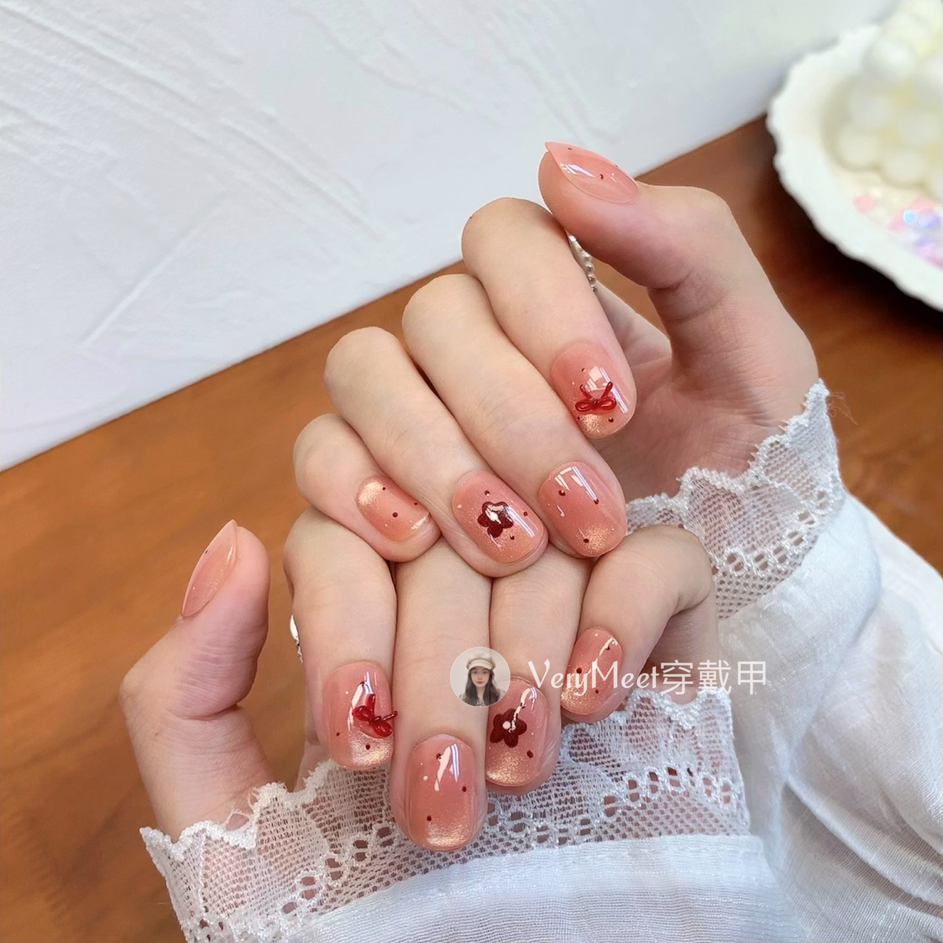 VeryMeet可爱ins粉猫眼波点立体蝴蝶结花花甲甜美少女豆豆美甲099