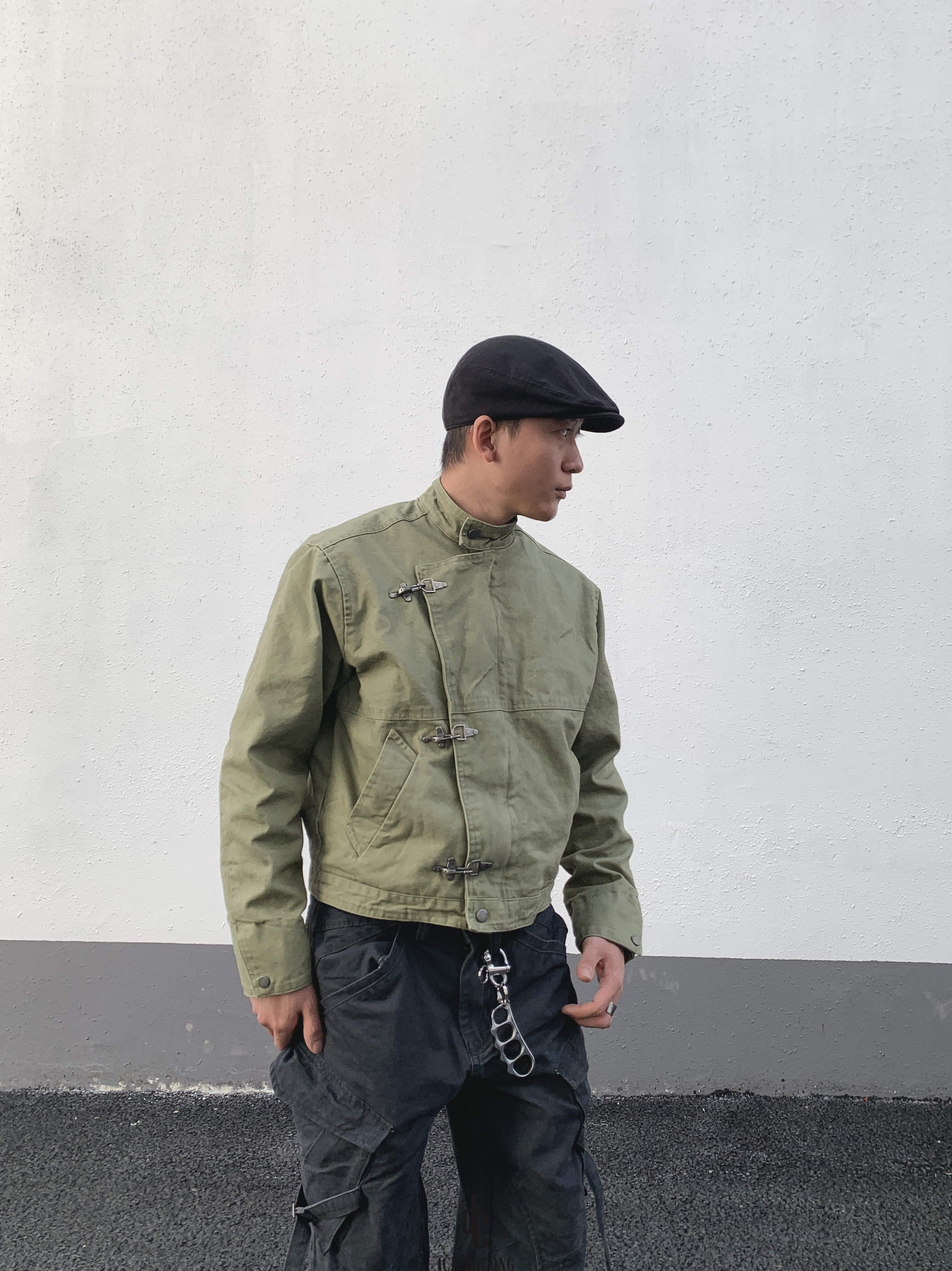 大葱美式复古做旧飞机扣翻领夹克男女vintage水洗短宽工装外套