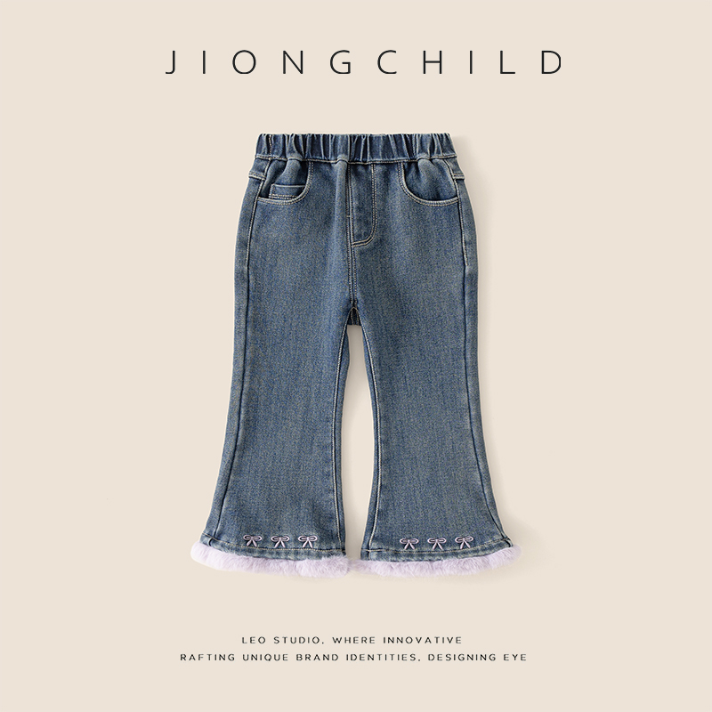 【专柜同款】秋冬加绒女童潮流精致花边休闲百搭微喇牛仔裤DGK57510