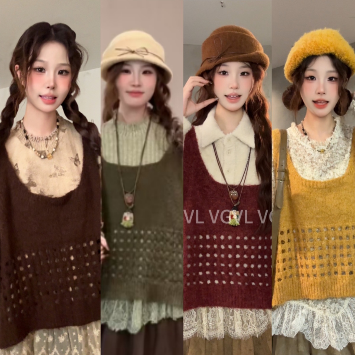 VGVL小卓马甲【华夫格】秋季U型领拼接毛衣洋气毛针织衫上衣50176