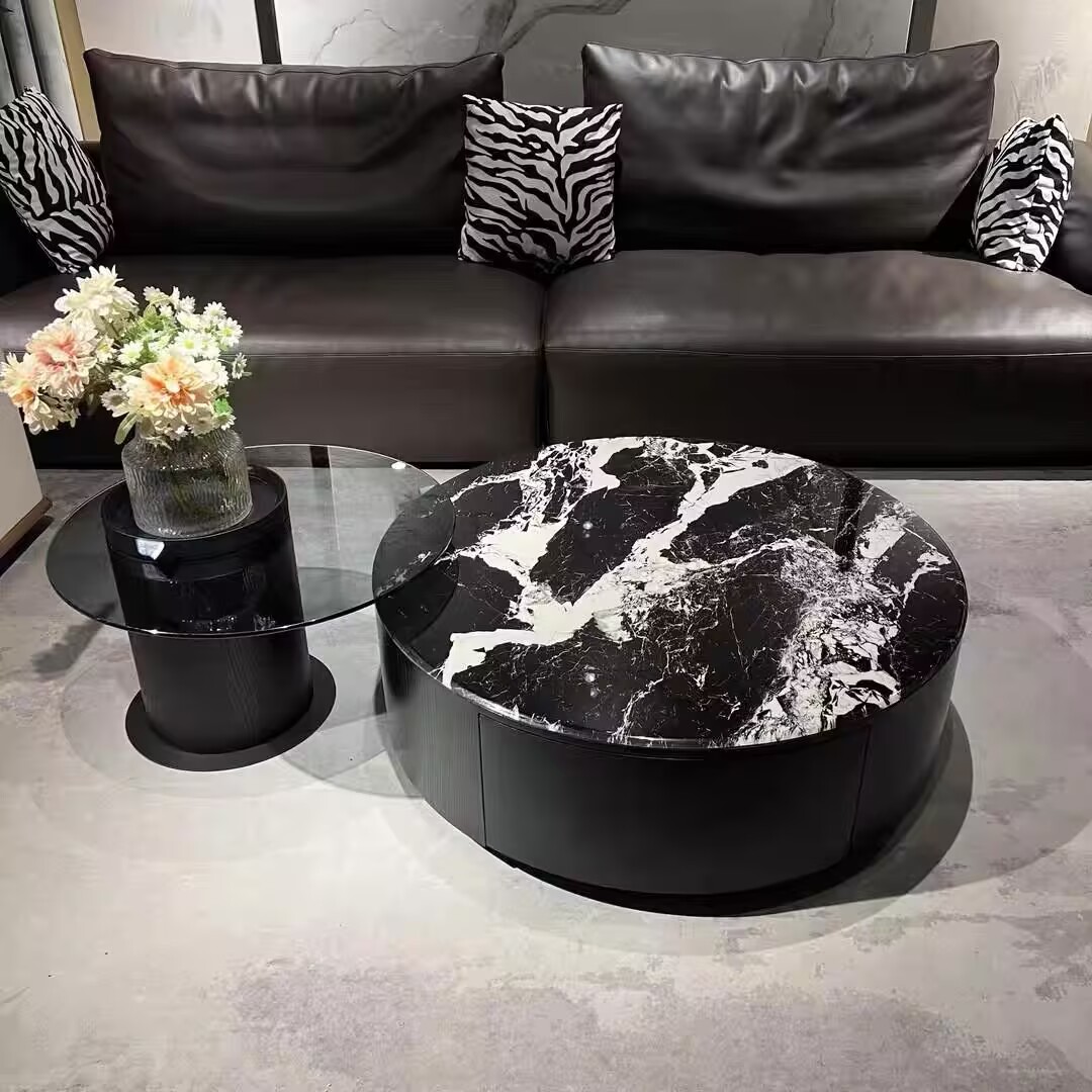 现代简约圆形茶几组合意式轻奢客厅家用大理石实木茶几黑色储物