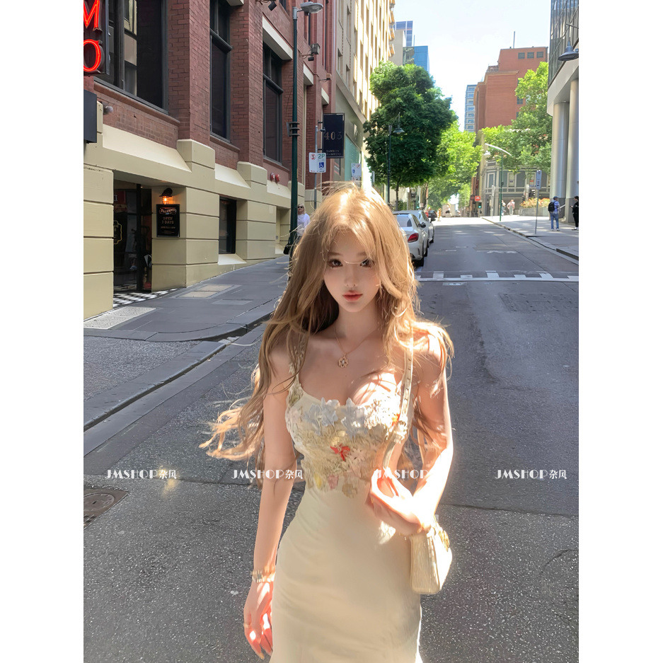 JMSHOP 鱼姬少女 花朵蕾丝网纱鱼尾连衣裙中长款修身包臀吊带裙