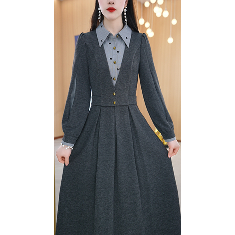 【连衣裙】春季设计感翻领气质减龄收腰通勤中长款连衣裙M-4XL