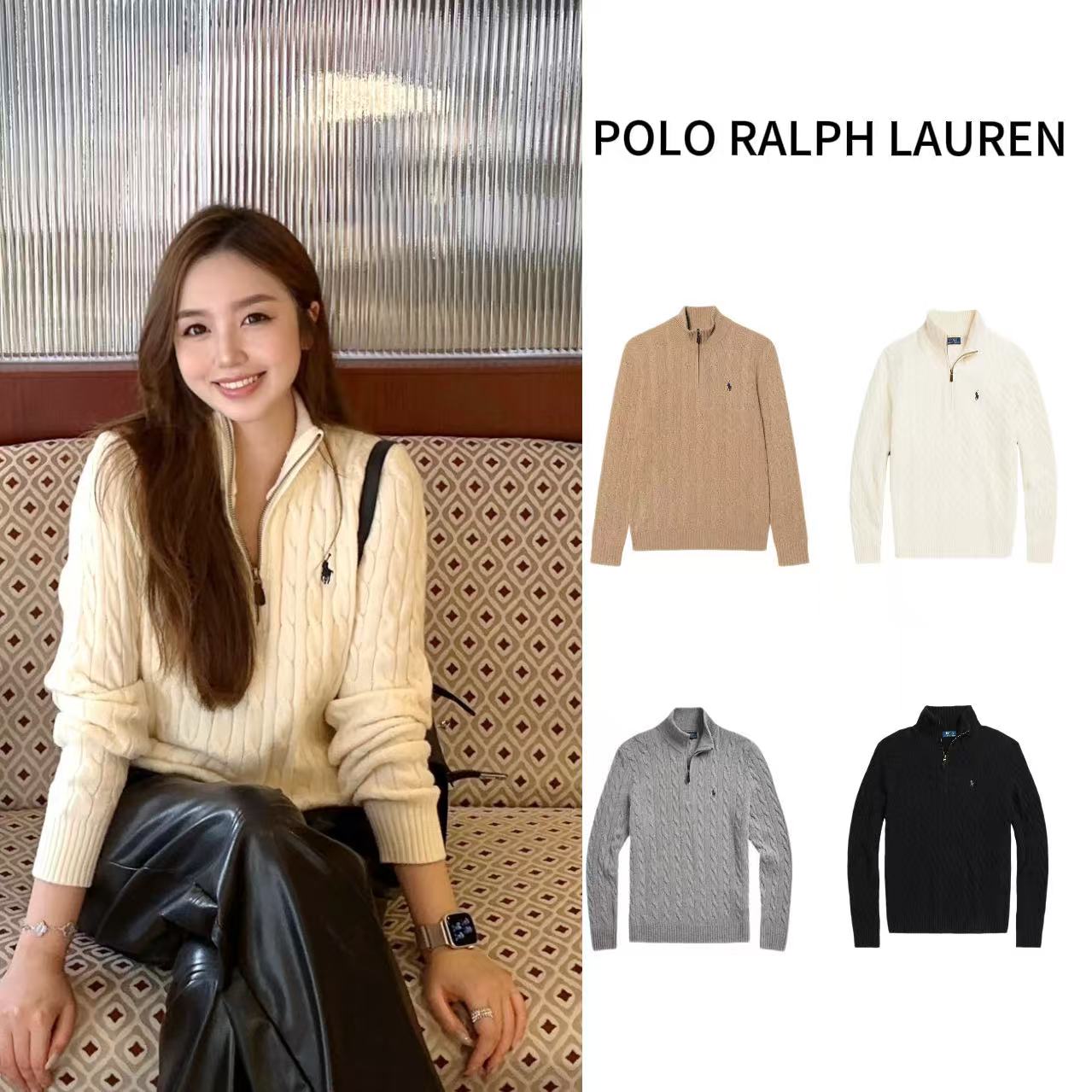 Polo Ralph Lauren/拉夫劳伦 纯色绞花编织立领半拉链长袖羊毛衫 
