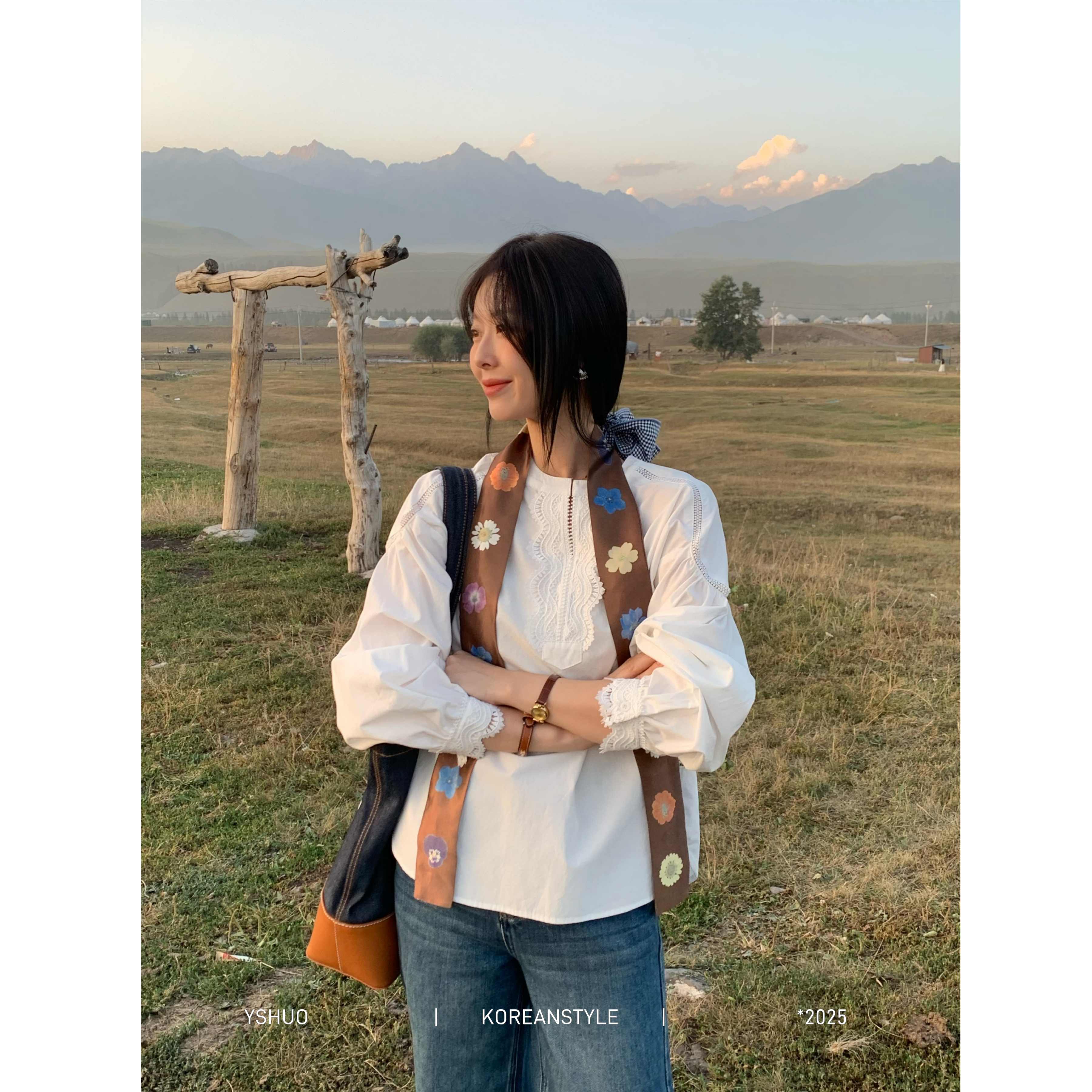 【浪花】早秋法式洋气优雅蕾丝花边拼接宽松灯笼袖上衣 9395