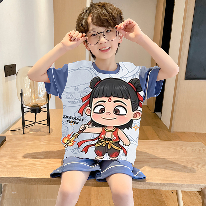 新款儿童睡衣夏季男童短袖棉质薄款青少年大童夏款哪吒男孩家居服