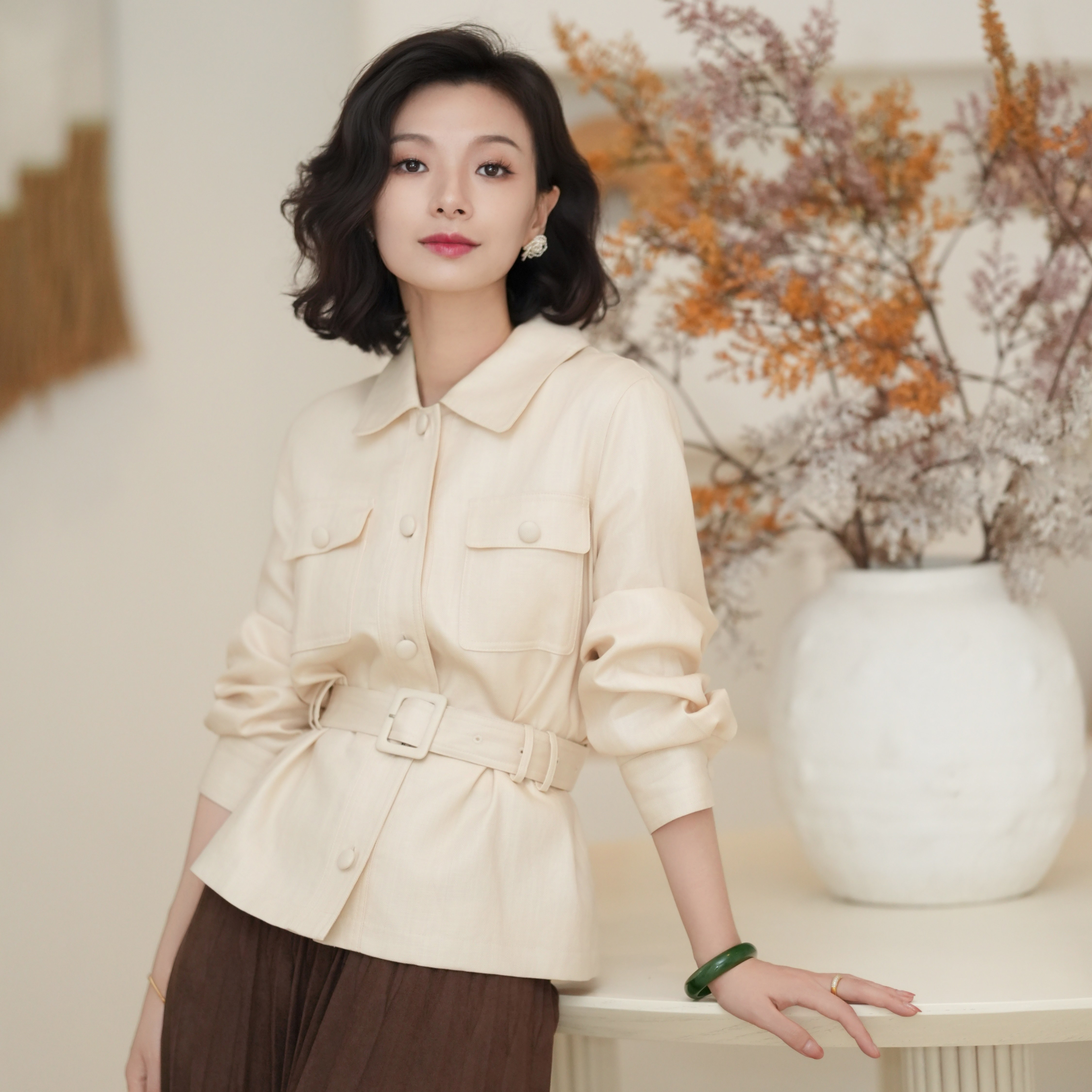 西子/【沙丘】莱赛尔亚麻腰带收腰杏色老钱风时尚气质外套/WTHY0113