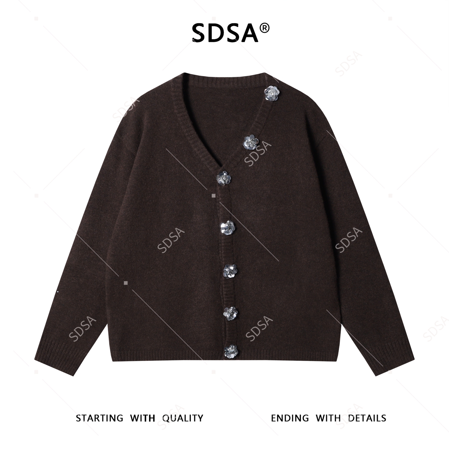 SDSA男士秋冬新款痞帅男装潮牌针织衫V领立体花朵装饰开衫毛衣