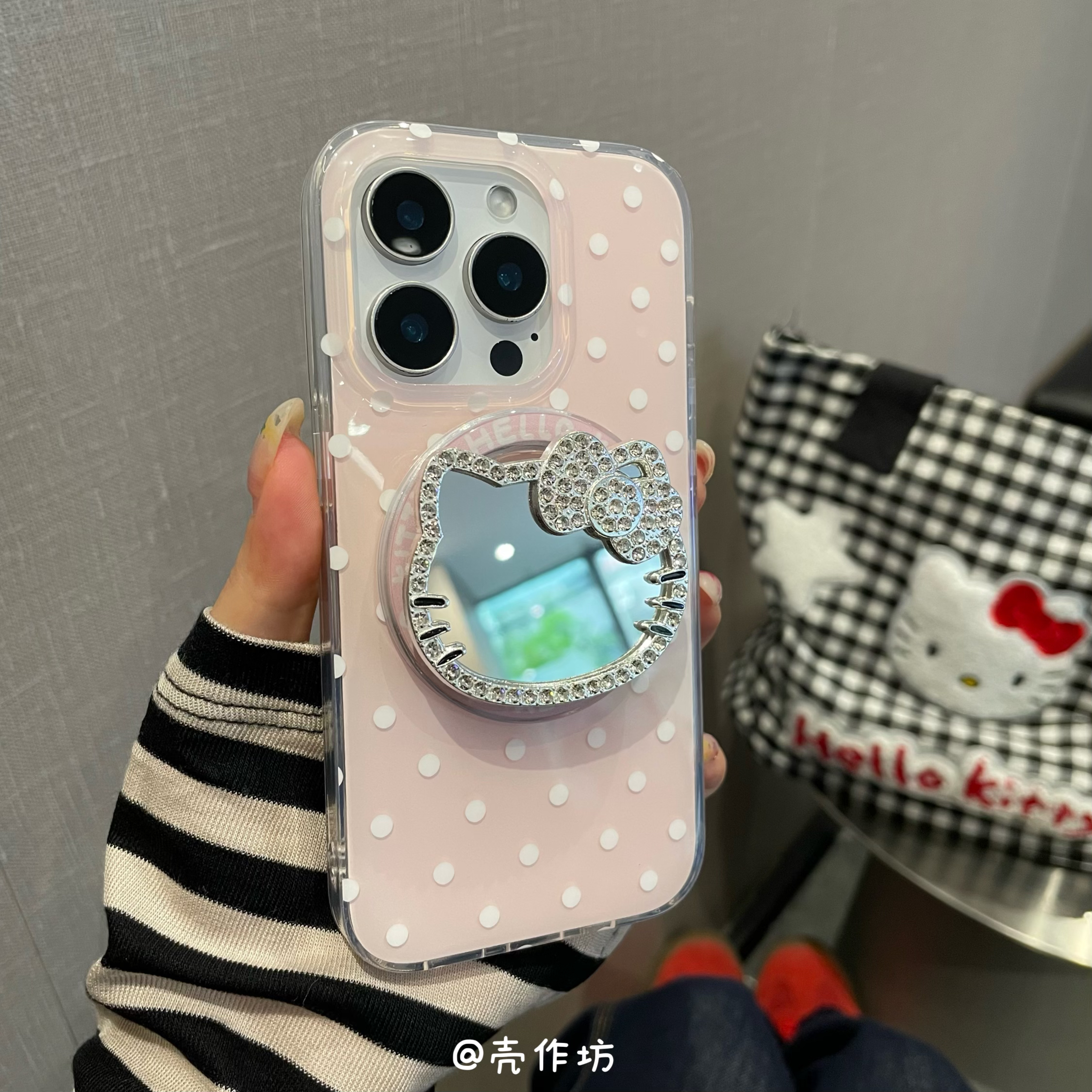 少女波点星星镜子磁吸kitty支架适用苹果16/15/14/13手机壳防摔