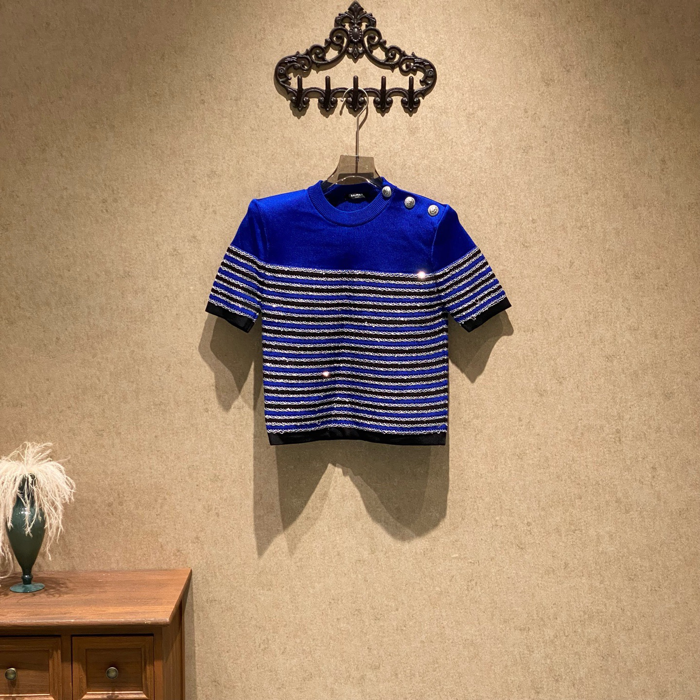未使用 BALMAIN/巴尔曼 蓝黑条纹亮片针织短袖/36码/全新/39346