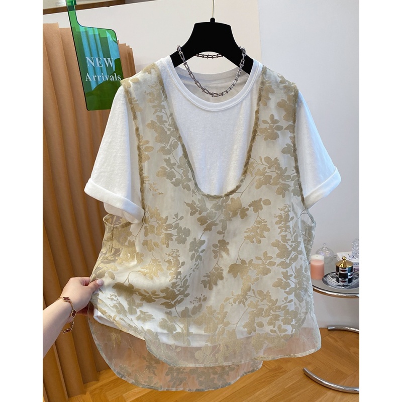 P0246超好看宽松时髦叠穿网纱马甲t恤两件套短袖上衣女夏季新款