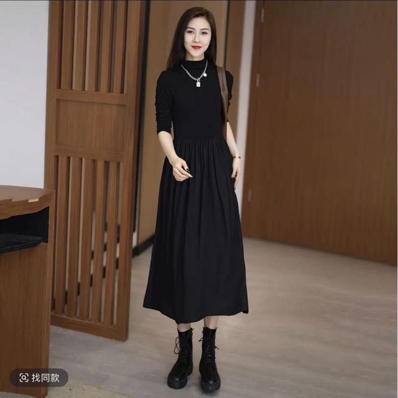 2025春秋新款显半高领连衣裙女时尚百搭显瘦长袖气质过膝打底裙潮