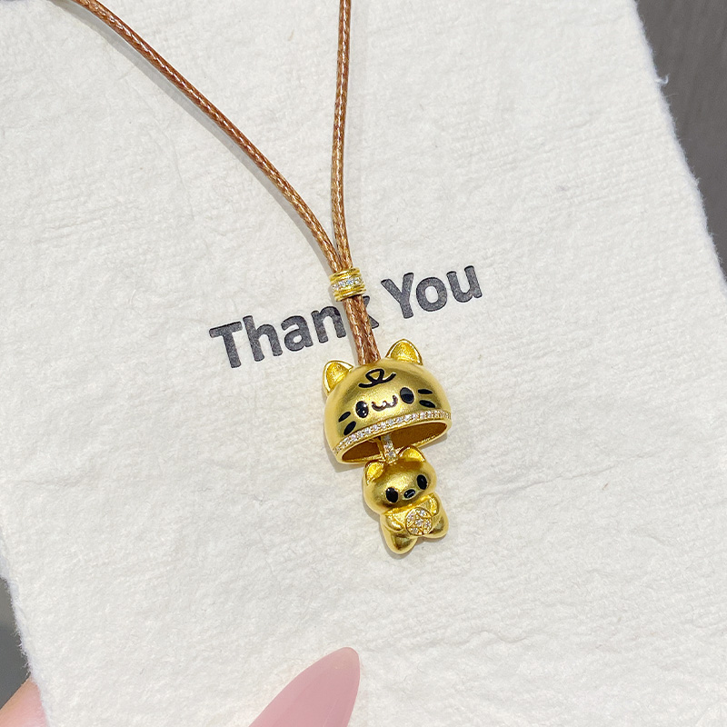 足金999躲猫猫黄金吊坠捉迷藏可爱小猫咪铃铛编绳纯金套链520送礼