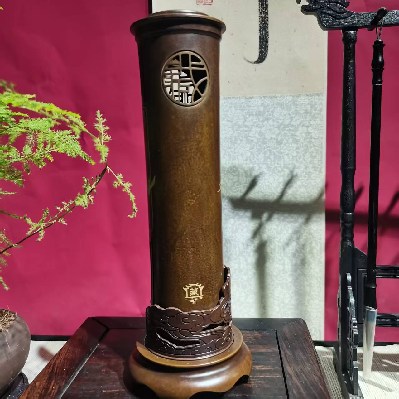 藏字立式线香炉茶香炉熏香纯铜高端铜香炉，茶桌摆件
