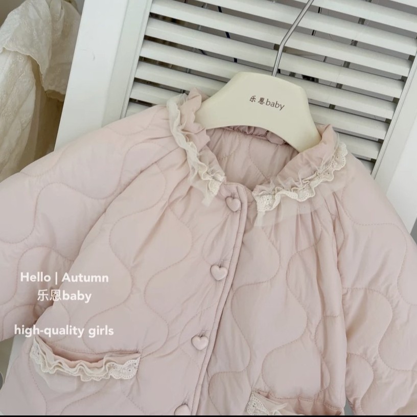 2025新款韩系加绒设计秋冬女童粉色加绒棉服时髦韩版宝宝保暖外套
