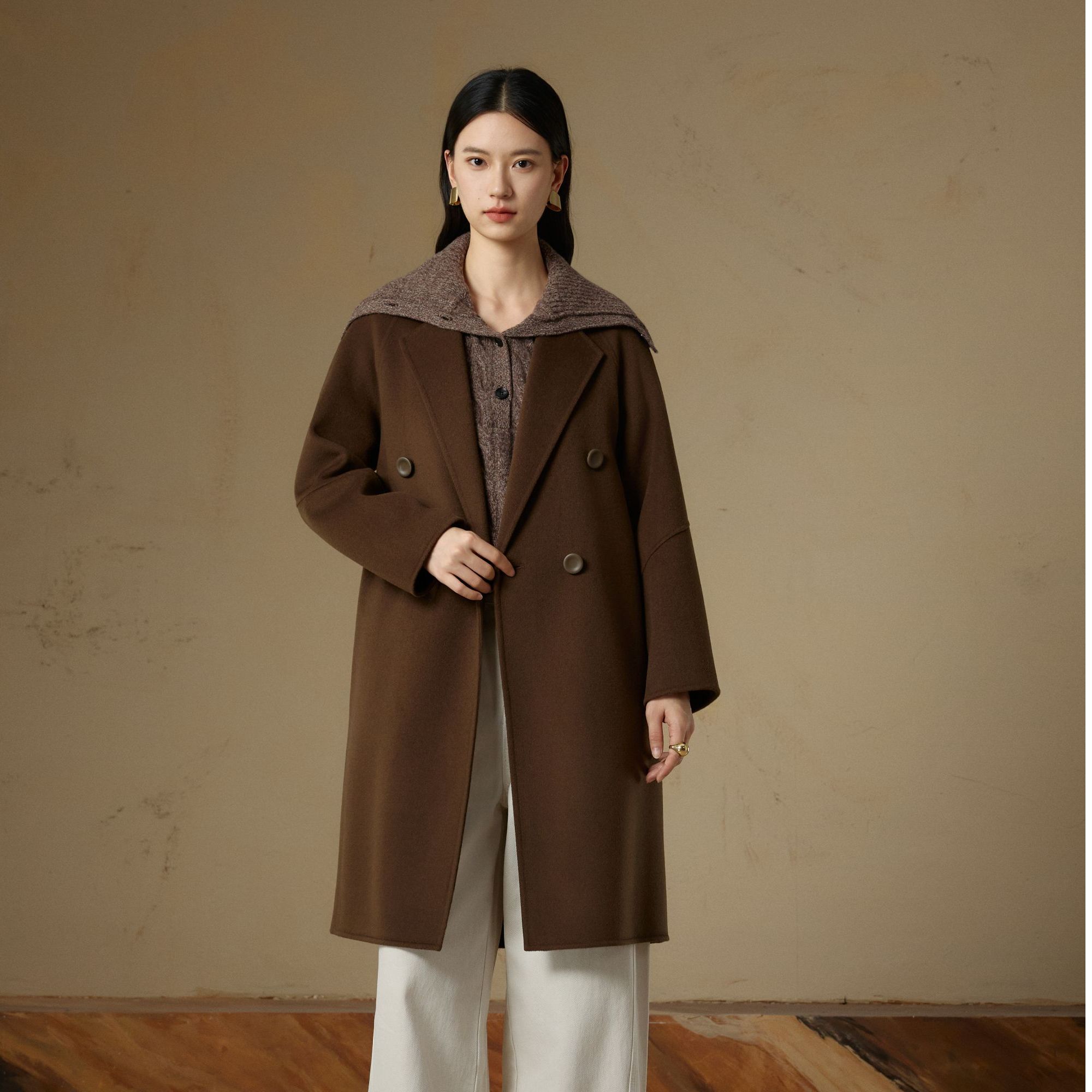 【KK专属】西装领秋冬长款连帽宽松时尚毛呢外套毛呢154Y27076