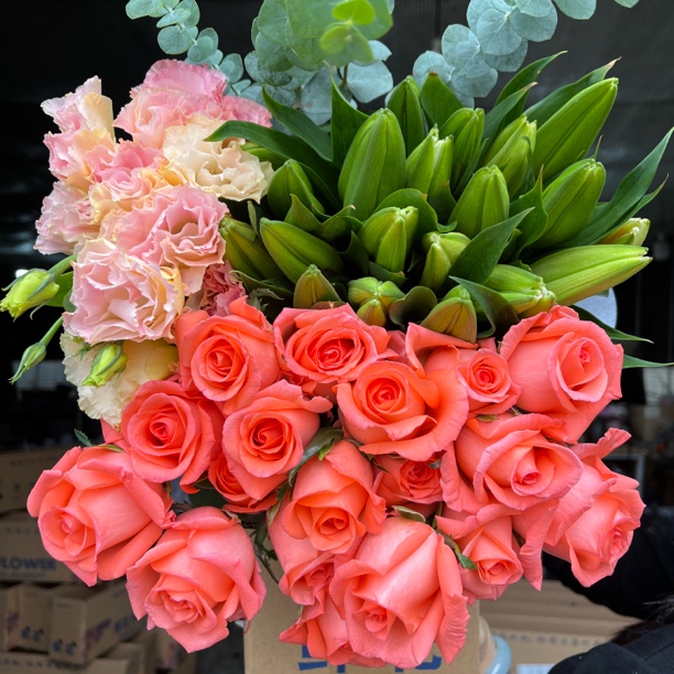 粉玫瑰10枝+百合10花苞+洋结梗1扎+配草5枝+（粉丝+营养液两包）