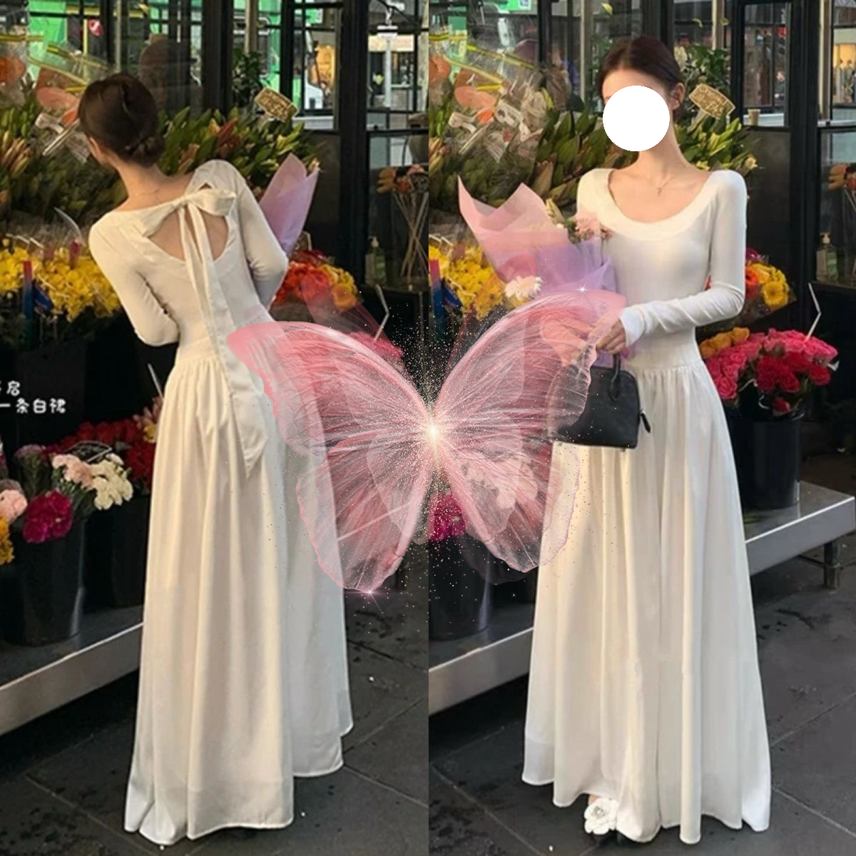 法式白色长袖露背收腰显瘦连衣裙女秋季温柔气质长裙大摆显瘦百搭