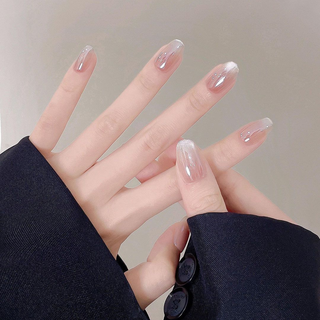 【极光猫眼】电镀裸色纯手工穿戴甲显白渐变猫眼美甲短款冰透温柔