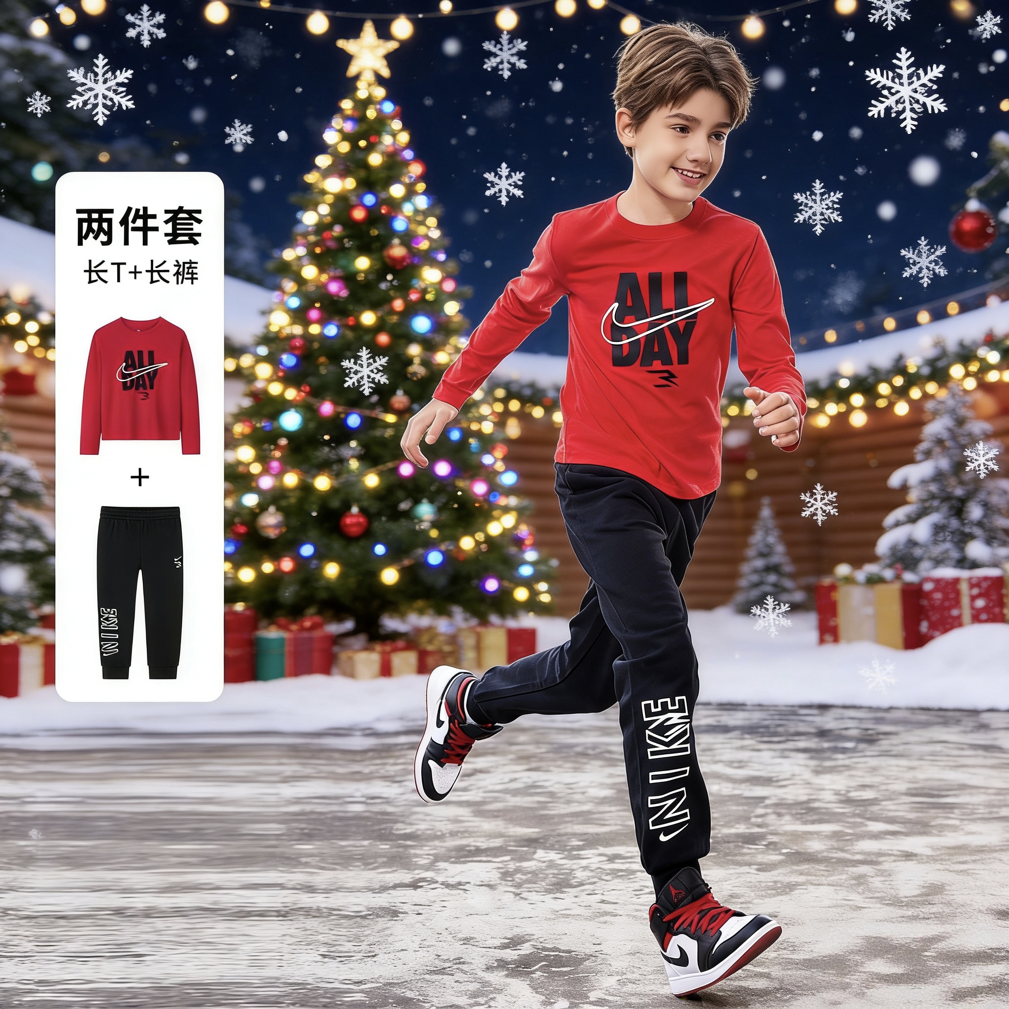 NIKE 3BRAND耐克儿童春季男女童装套头印花长袖套装RWN-T8-1238