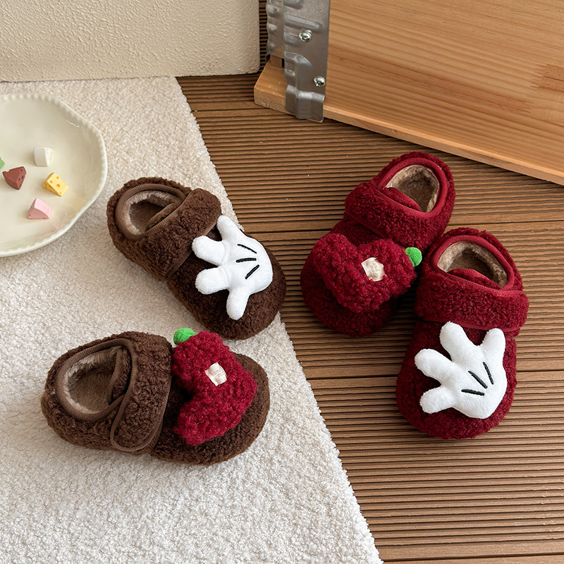 女童毛毛鞋加绒保暖棉鞋冬季卡通大棉鞋小女孩红色拜年宝宝鞋软98