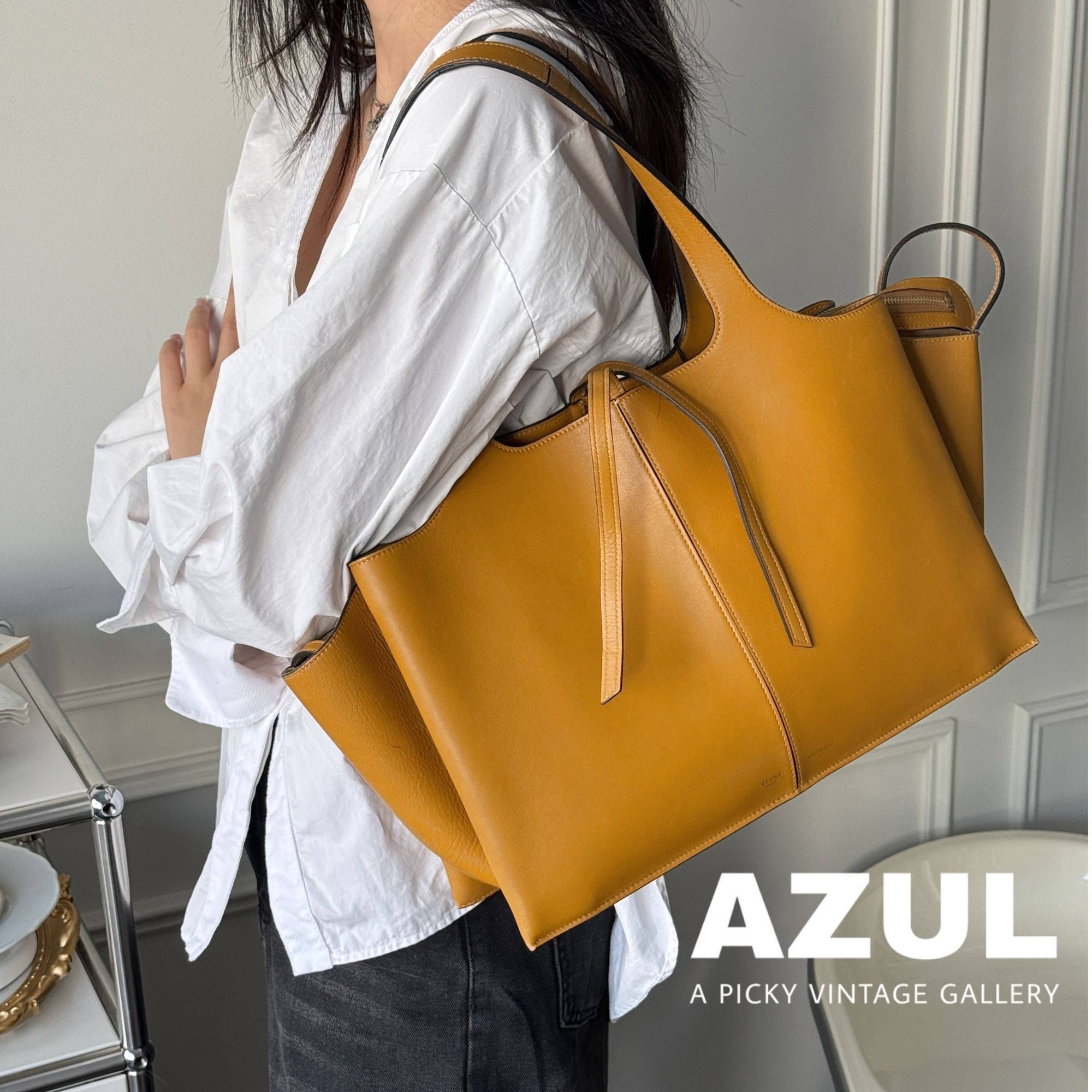 95新 Celine/思琳 Azul - 姜黄色牛皮trifold时尚单肩托特包38425