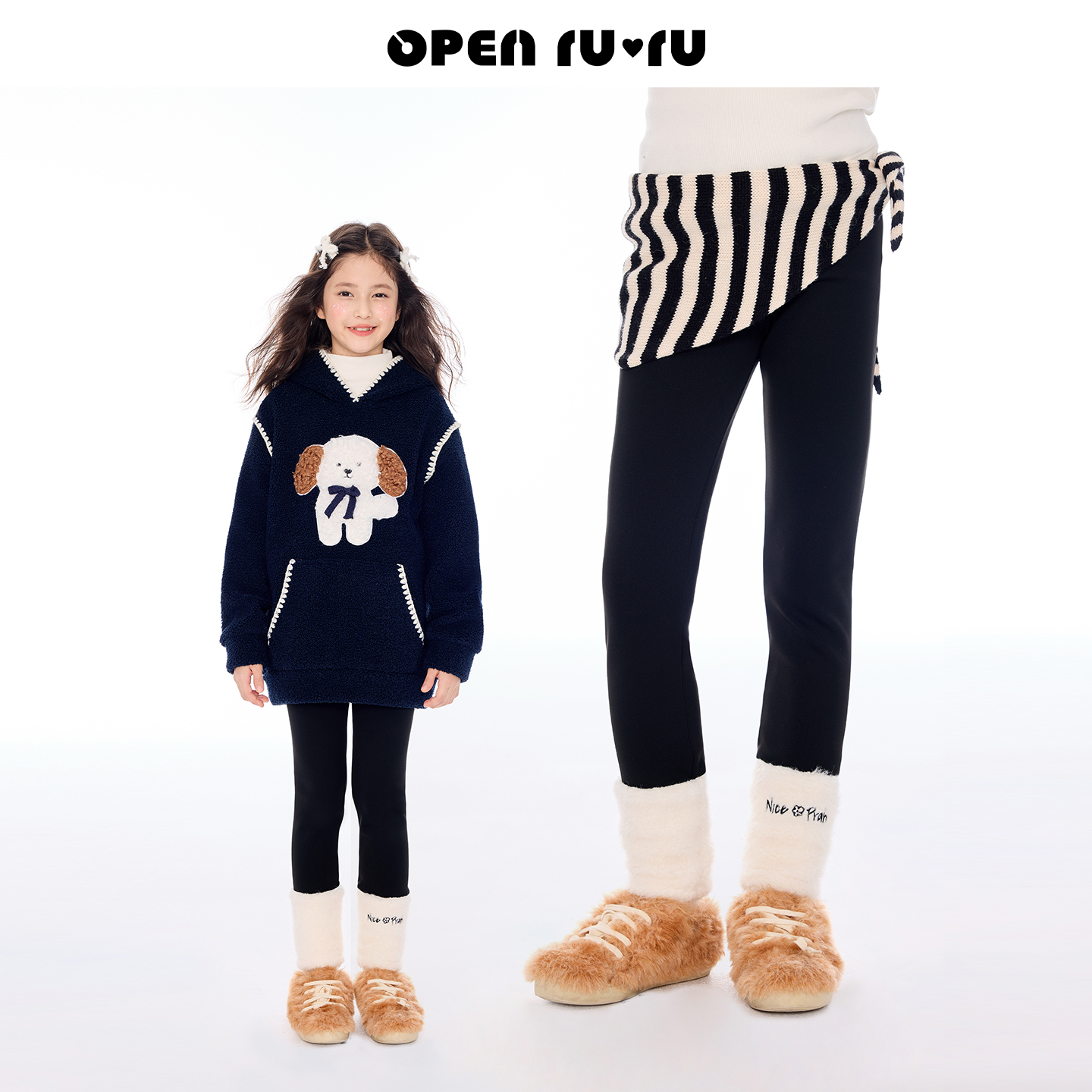 Opennunu女童黑色高弹加绒刺绣打底裤冬季保暖百搭外穿瑜伽裤